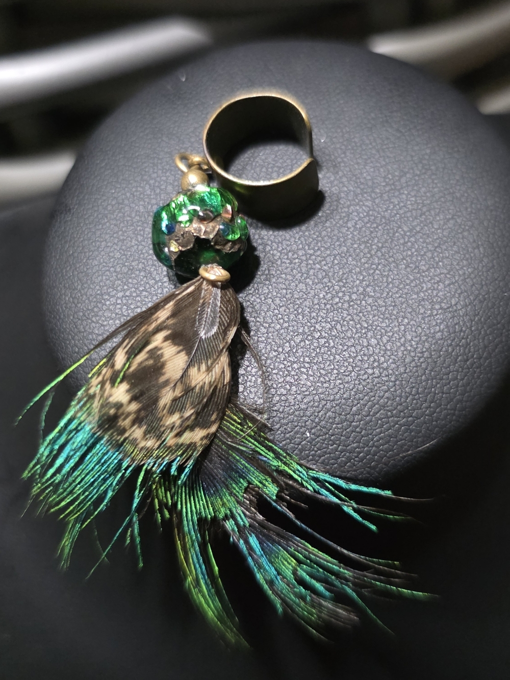 Single Green Feather and Bead Drop Statement Earring